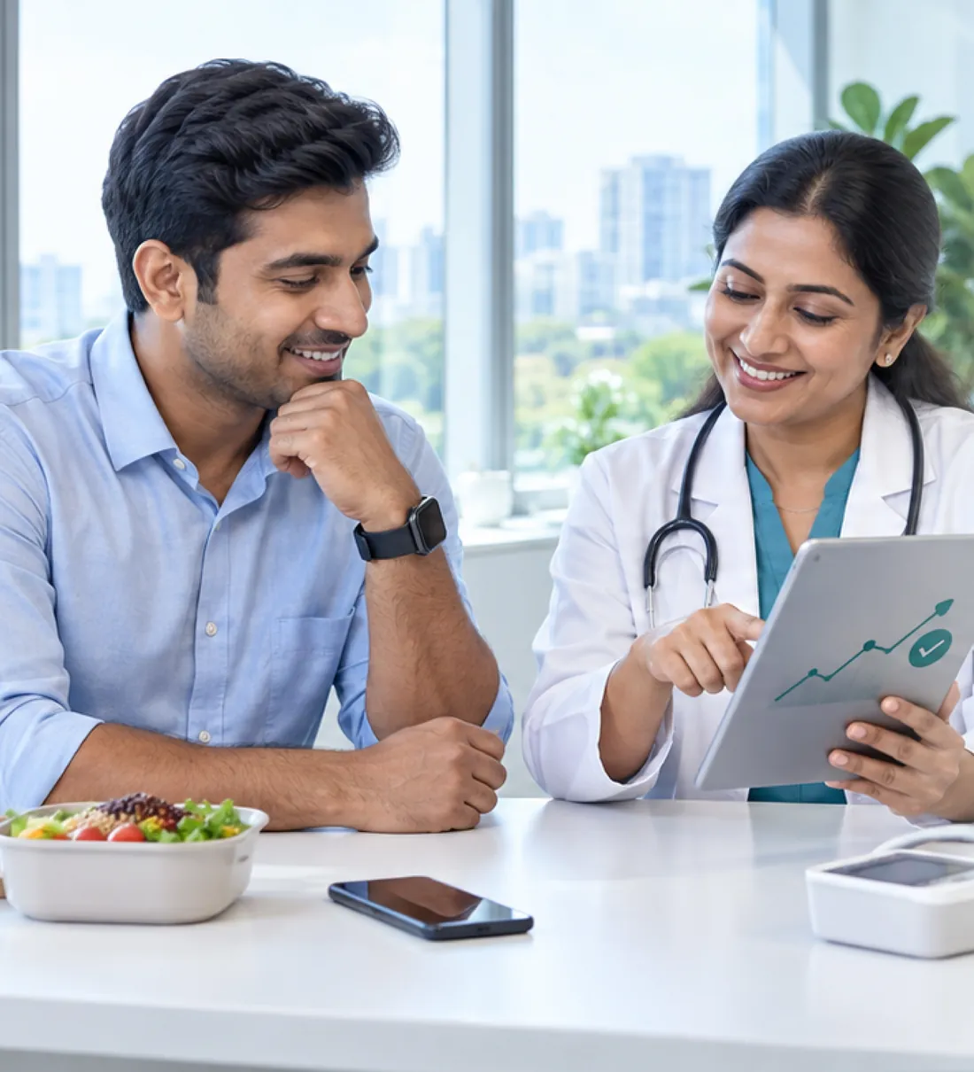 An HCL Healthcare doctor reviewing health insights on a tablet with an employee
